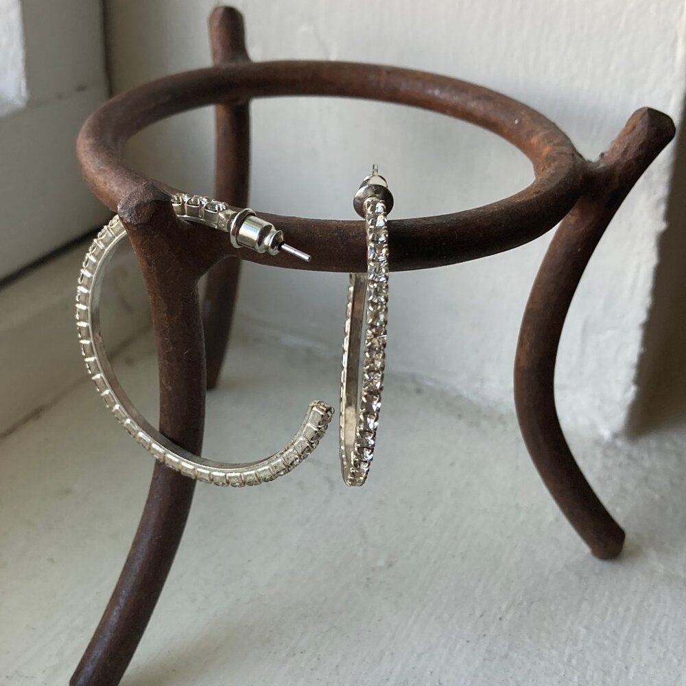 Silvertone Rhinestone Hoop Earrings - Picture 5 of 10